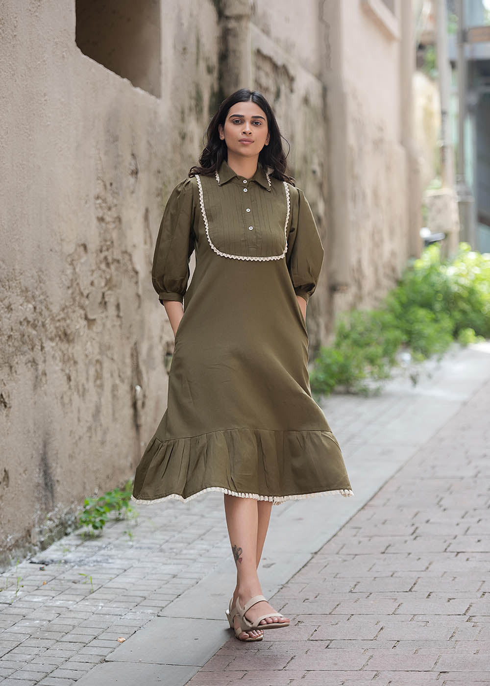 Army Green Colour Shift Dress With Pin-tuck Yoke