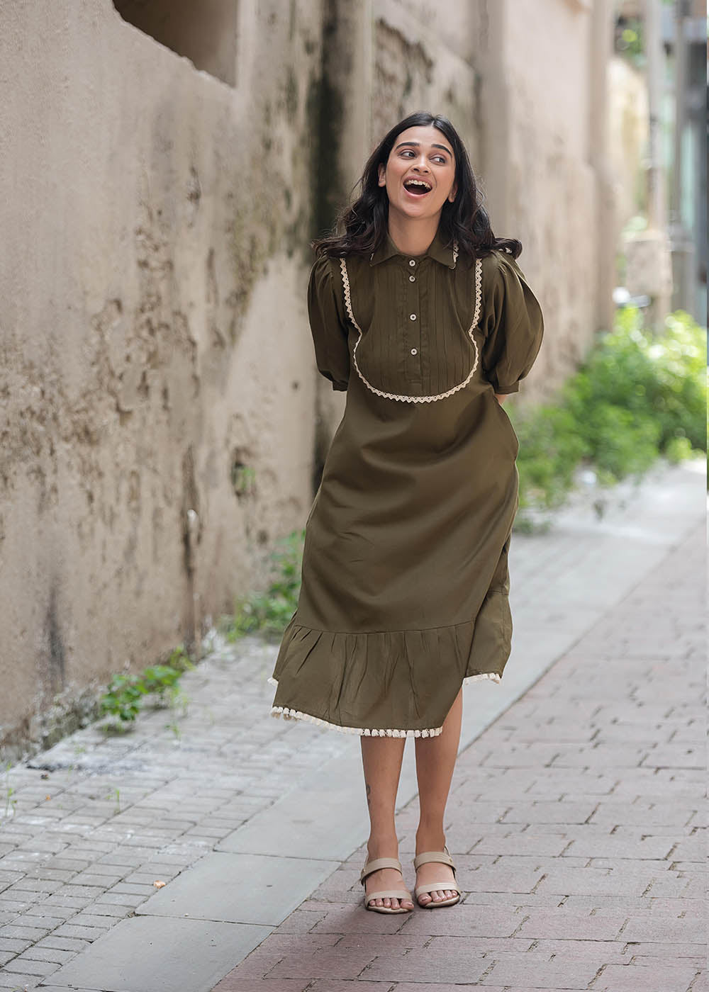Army Green Colour Shift Dress With Pin-tuck Yoke