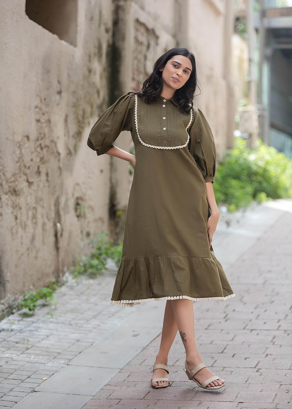 Army Green Colour Shift Dress With Pin-tuck Yoke