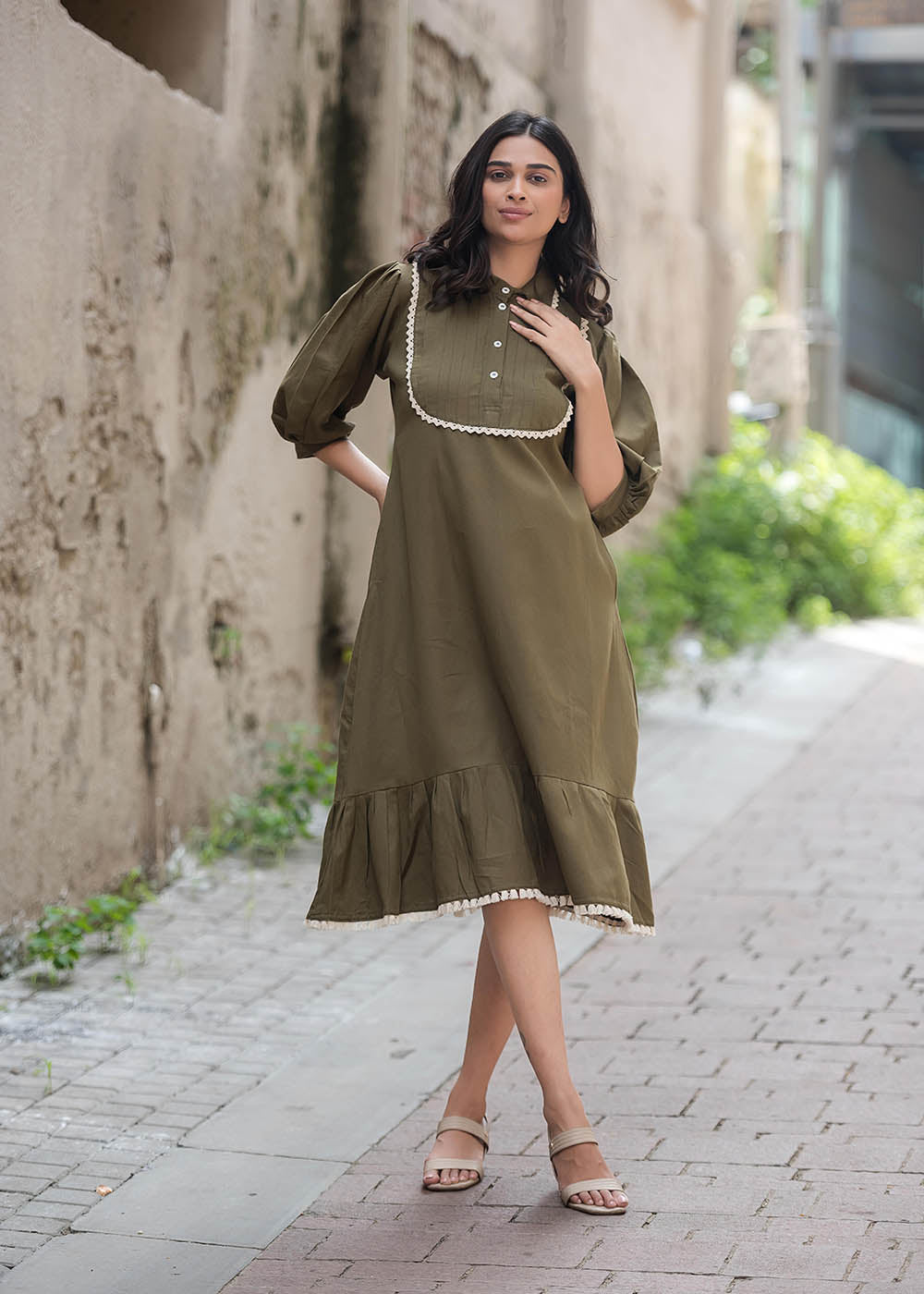 Army Green Colour Shift Dress With Pin-tuck Yoke