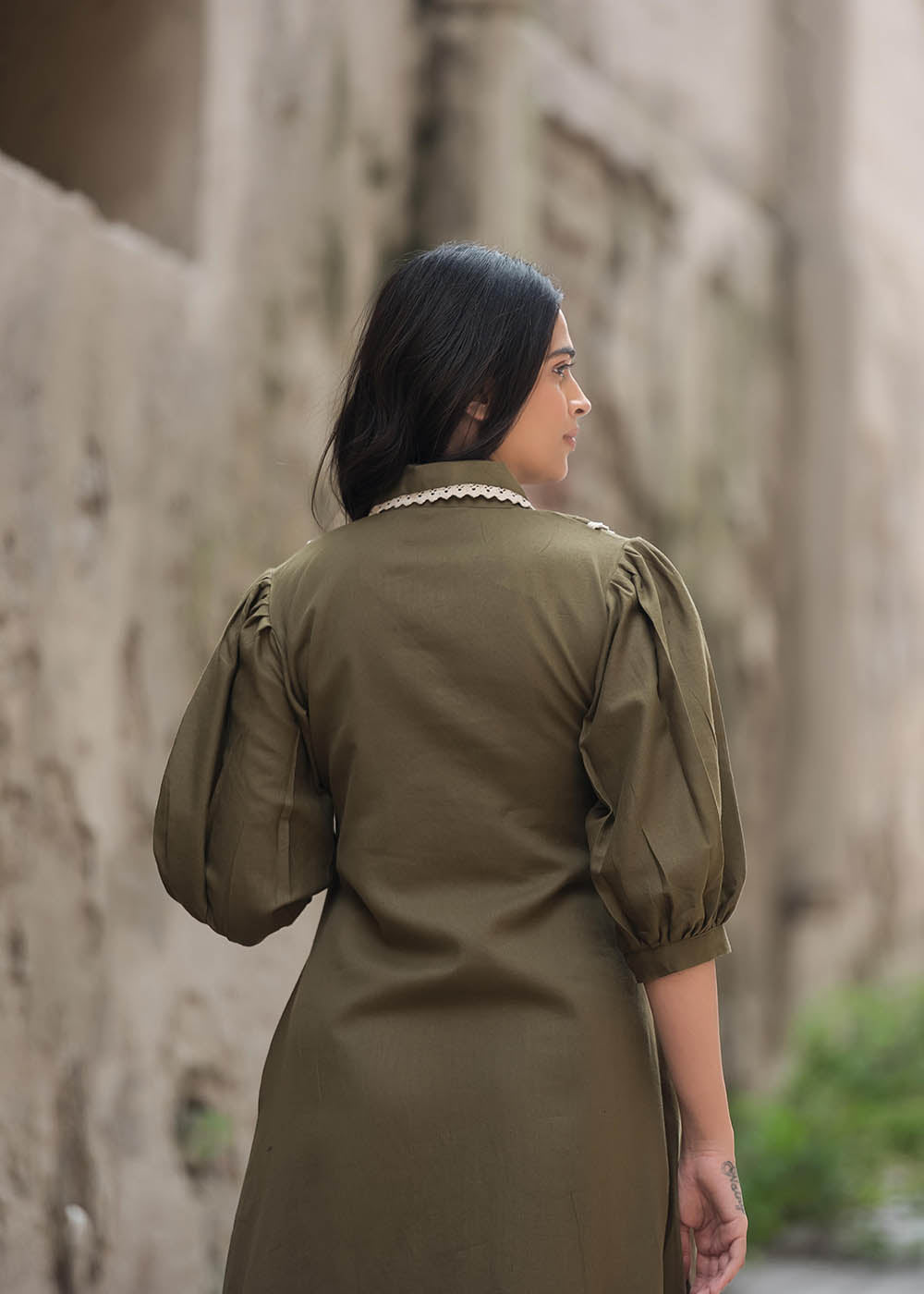 Army Green Colour Shift Dress With Pin-tuck Yoke