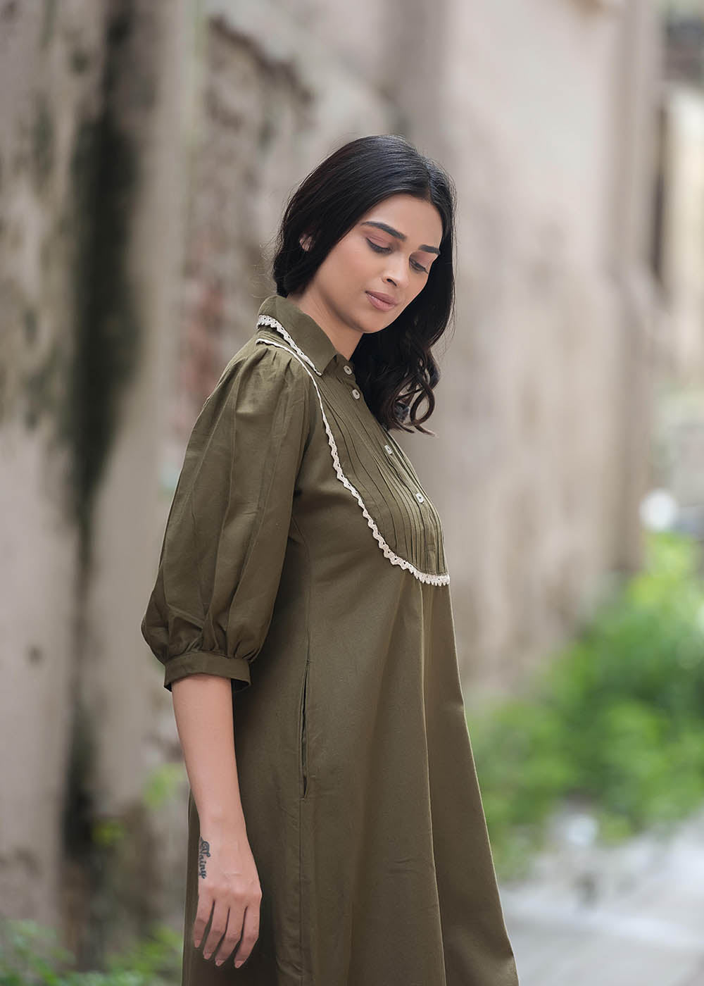 Army Green Colour Shift Dress With Pin-tuck Yoke