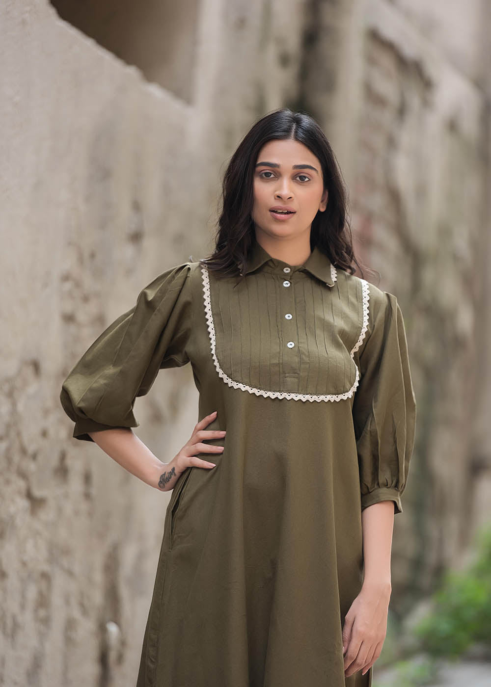 Army Green Colour Shift Dress With Pin-tuck Yoke