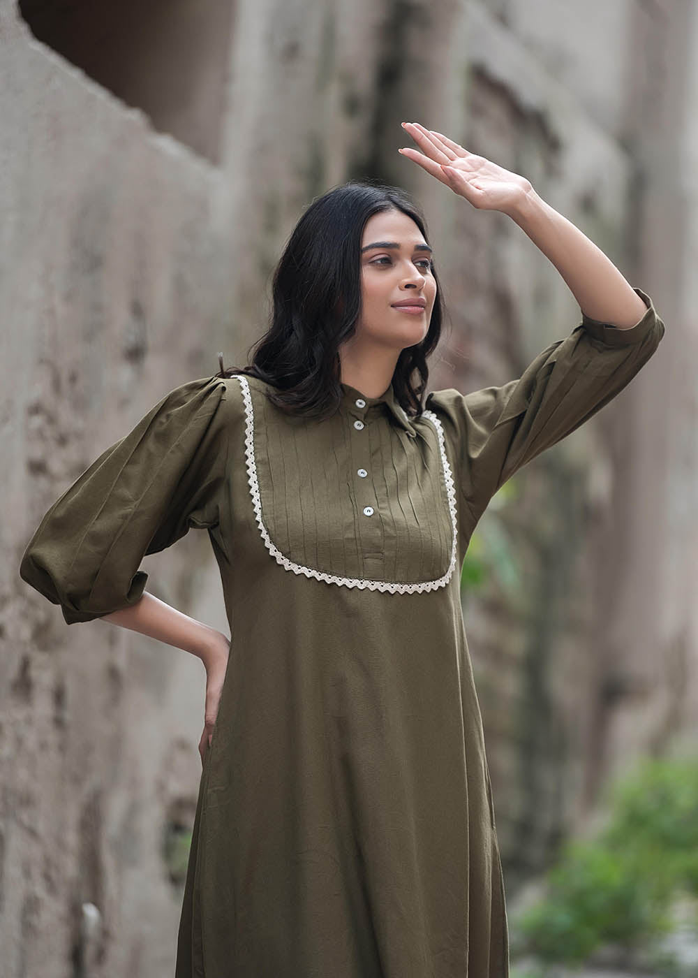 Army Green Colour Shift Dress With Pin-tuck Yoke