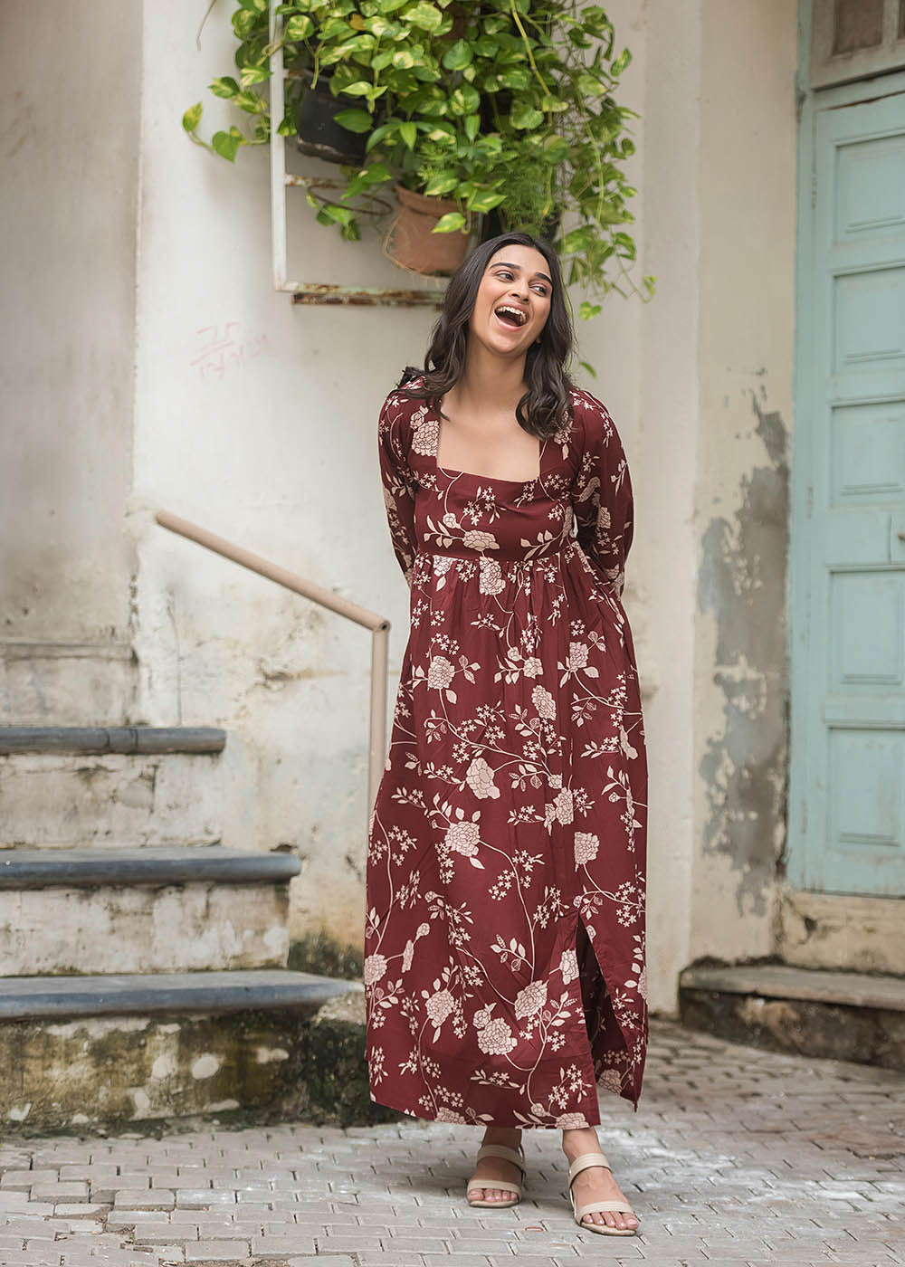 Stylish Maroon Dress With Deep Neckline