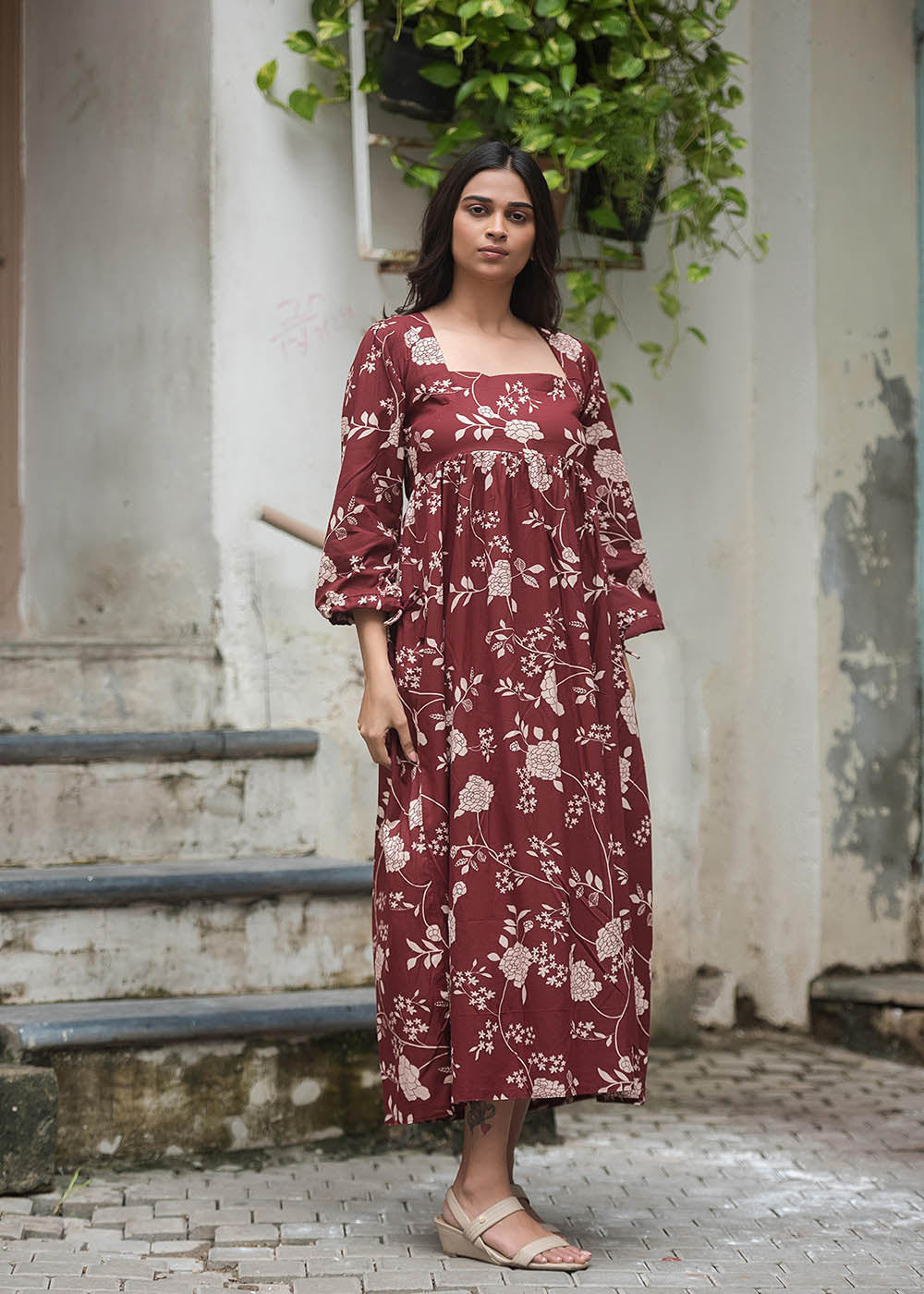Stylish Maroon Dress With Deep Neckline