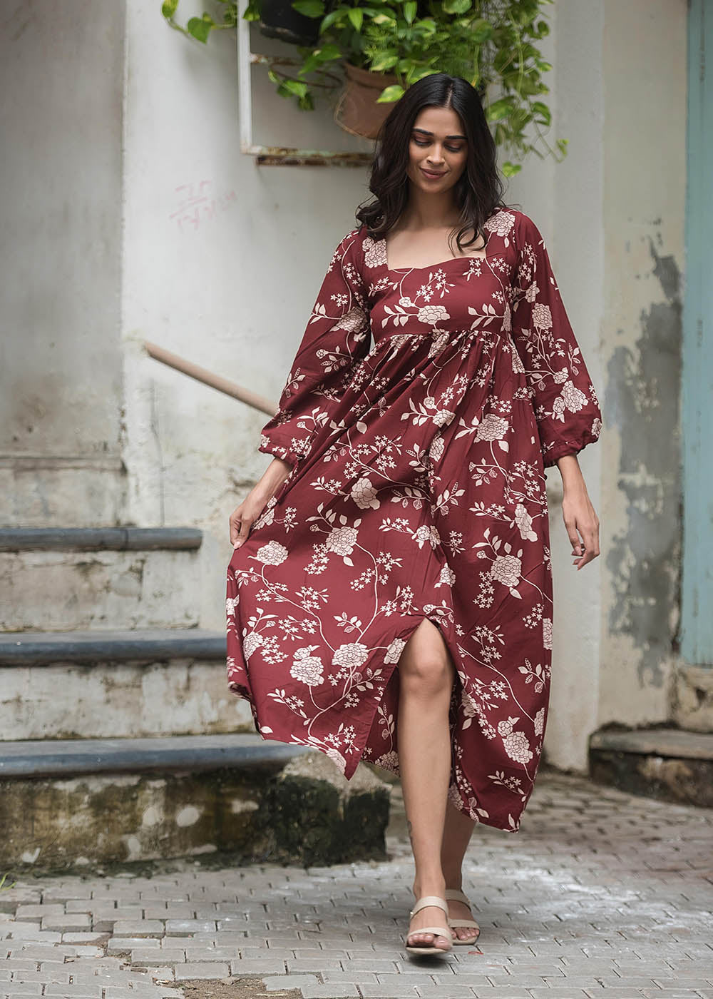 Stylish Maroon Dress With Deep Neckline