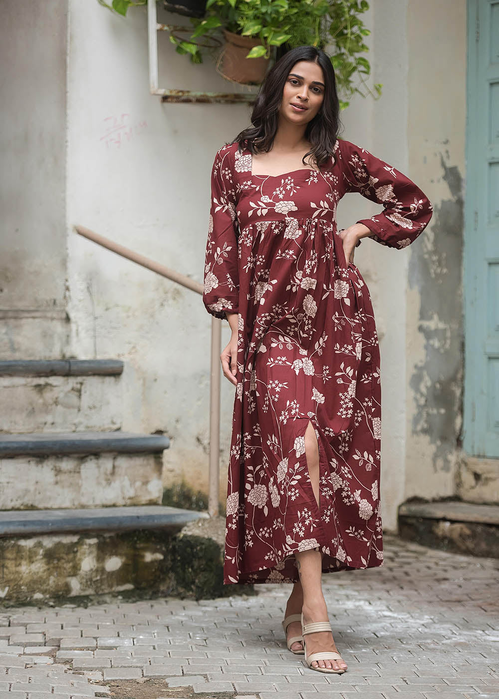Stylish Maroon Dress With Deep Neckline