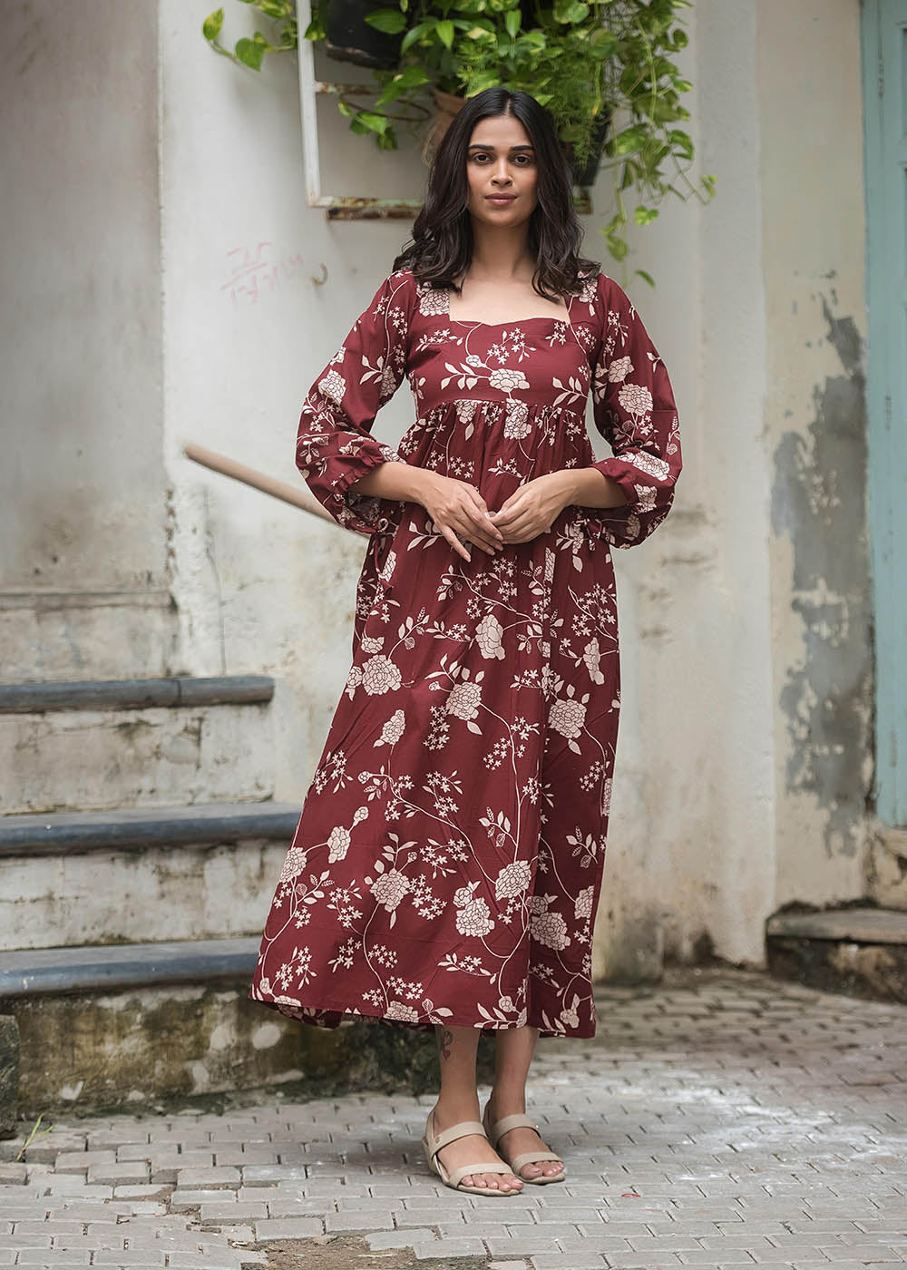 Stylish Maroon Dress With Deep Neckline