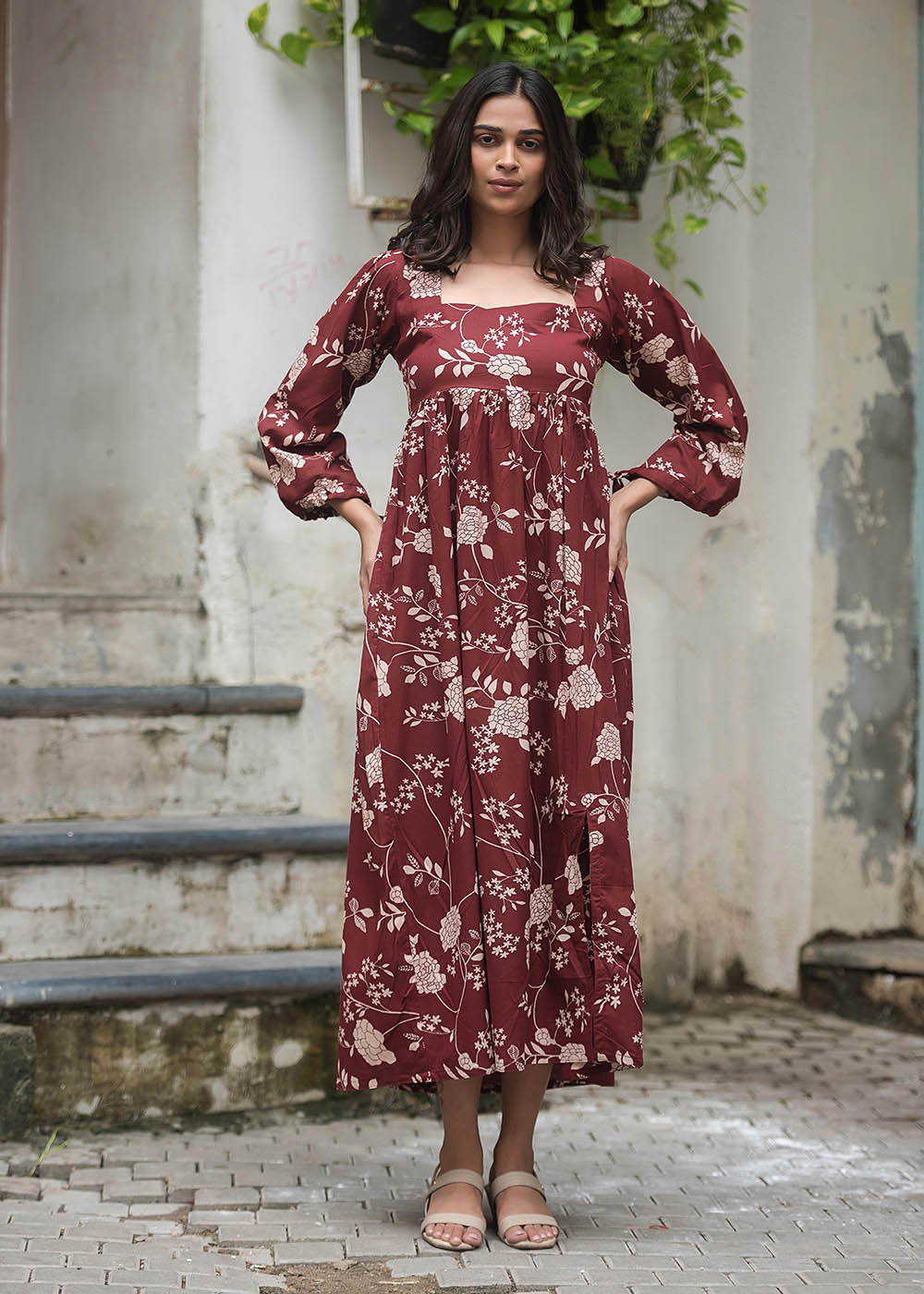 Stylish Maroon Dress With Deep Neckline