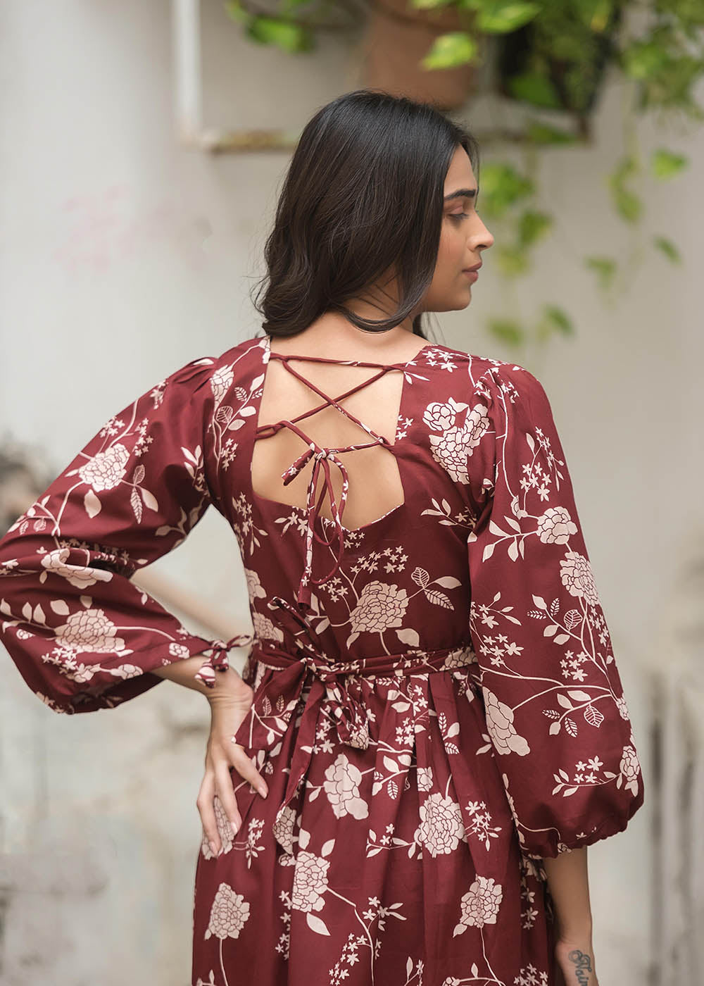 Stylish Maroon Dress With Deep Neckline
