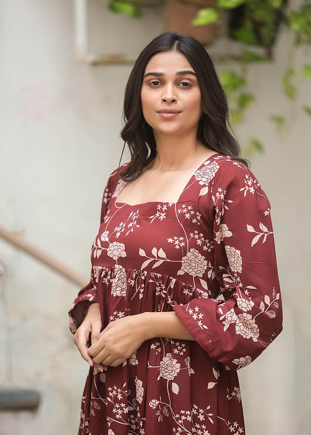 Stylish Maroon Dress With Deep Neckline