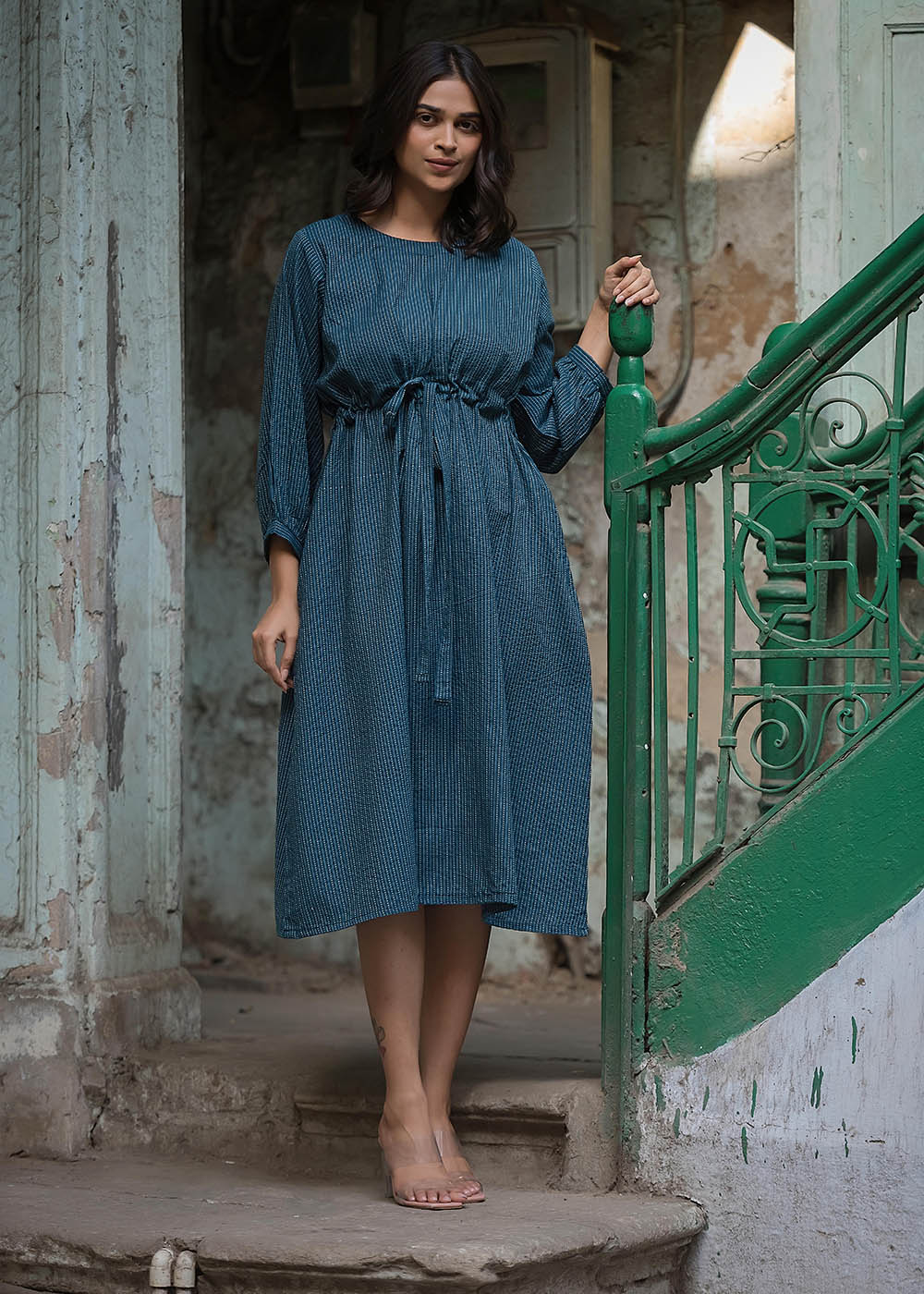 Blue Striped Dress With Belt & Pocket