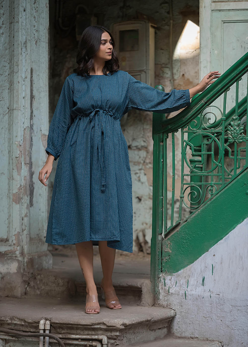 Blue Striped Dress With Belt & Pocket