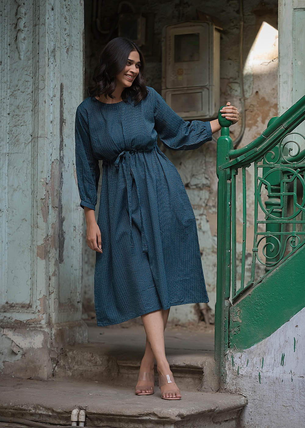Blue Striped Dress With Belt & Pocket
