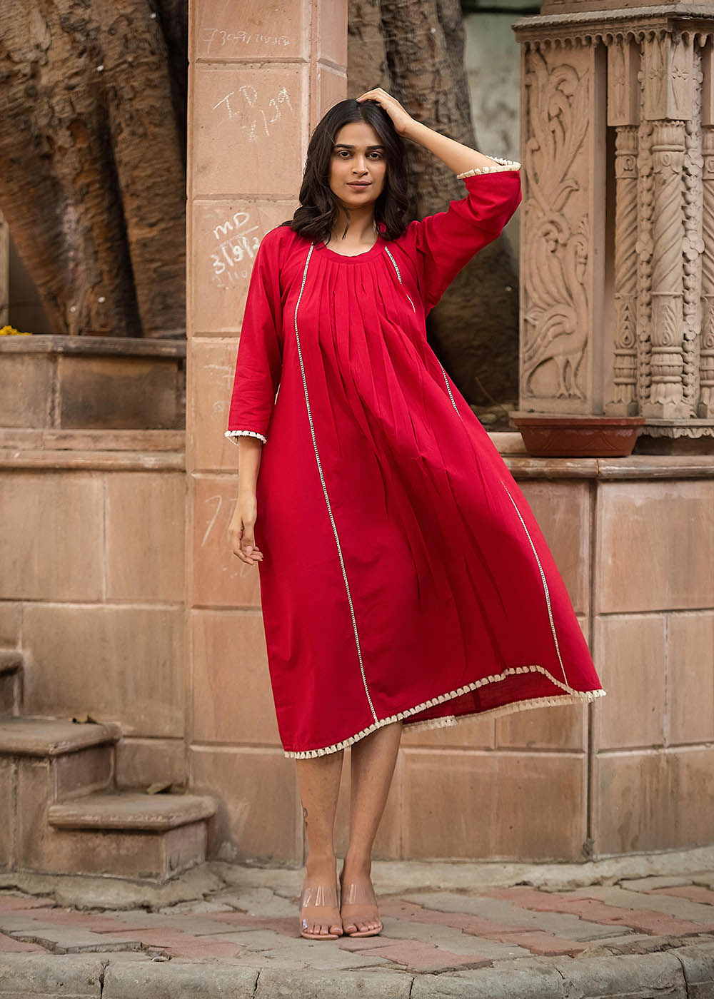 Crew Neck A-Line Gather Dress