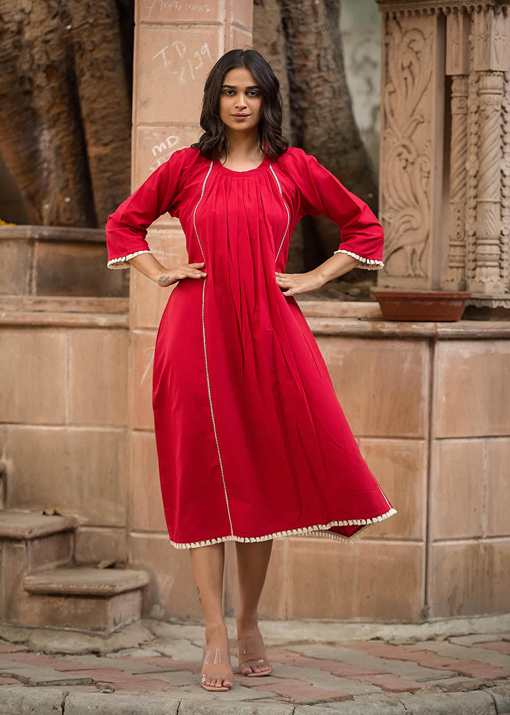 Crew Neck A-Line Gather Dress