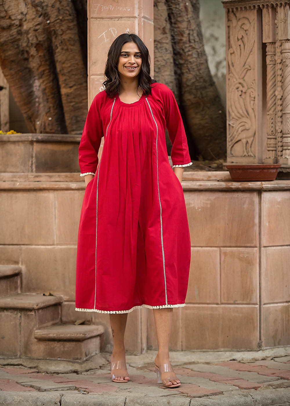Crew Neck A-Line Gather Dress