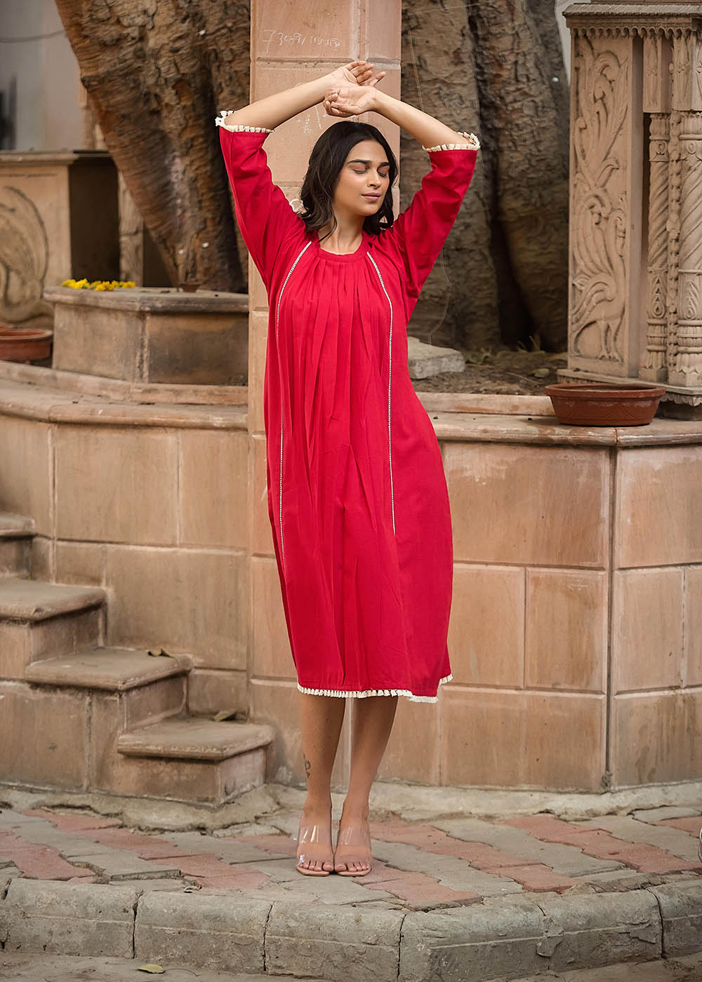 Crew Neck A-Line Gather Dress