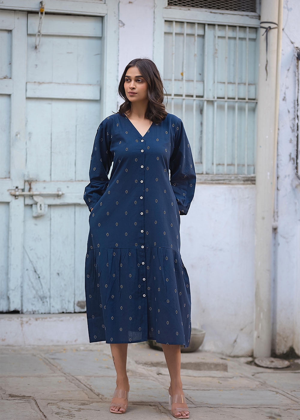 Indigo Front Open Midi Dress
