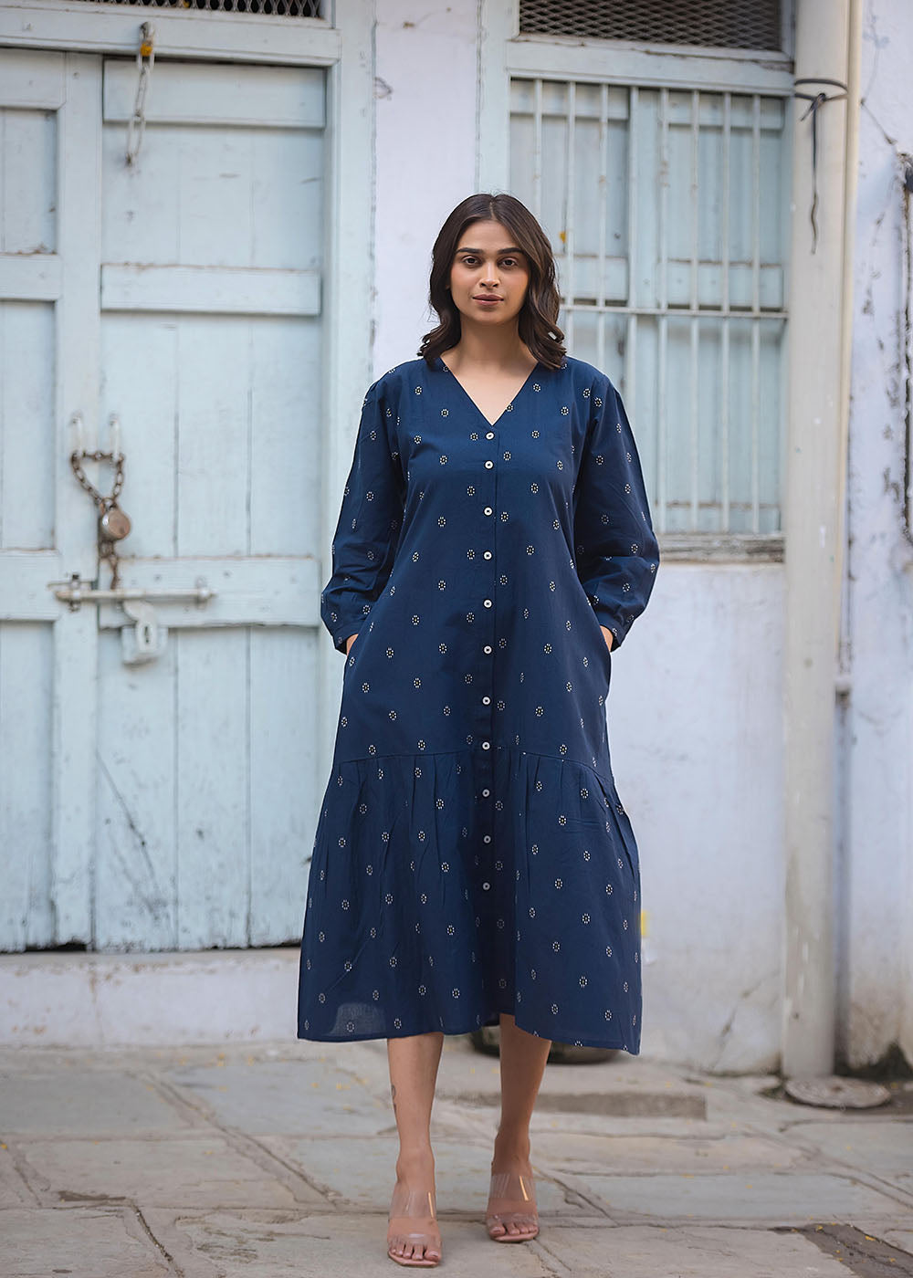 Indigo Front Open Midi Dress