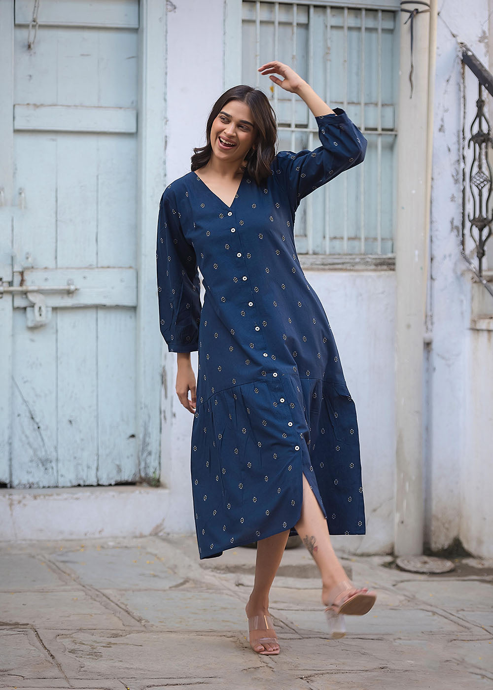 Indigo Front Open Midi Dress