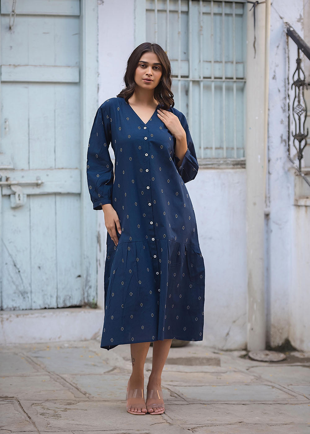 Indigo Front Open Midi Dress