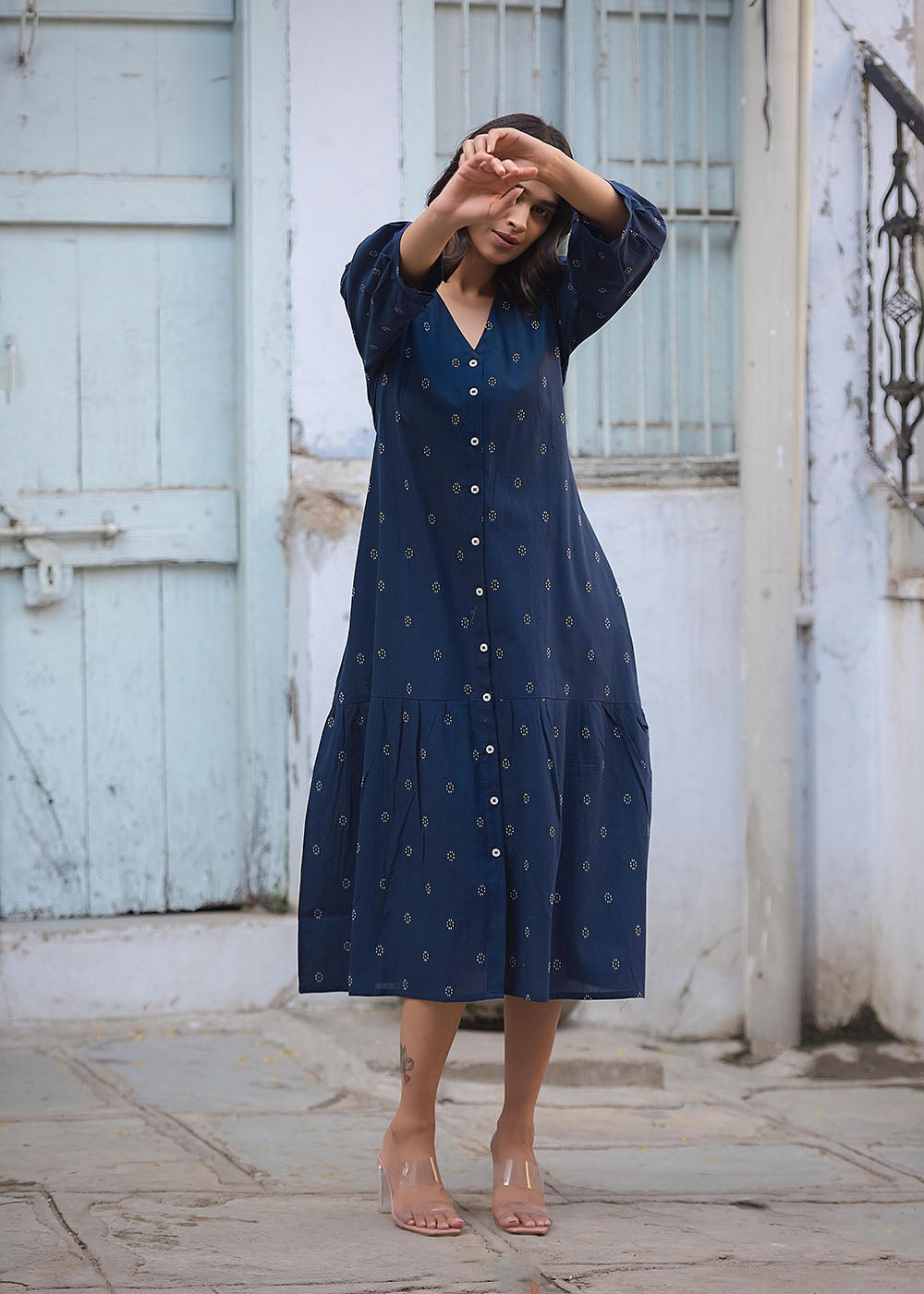 Indigo Front Open Midi Dress
