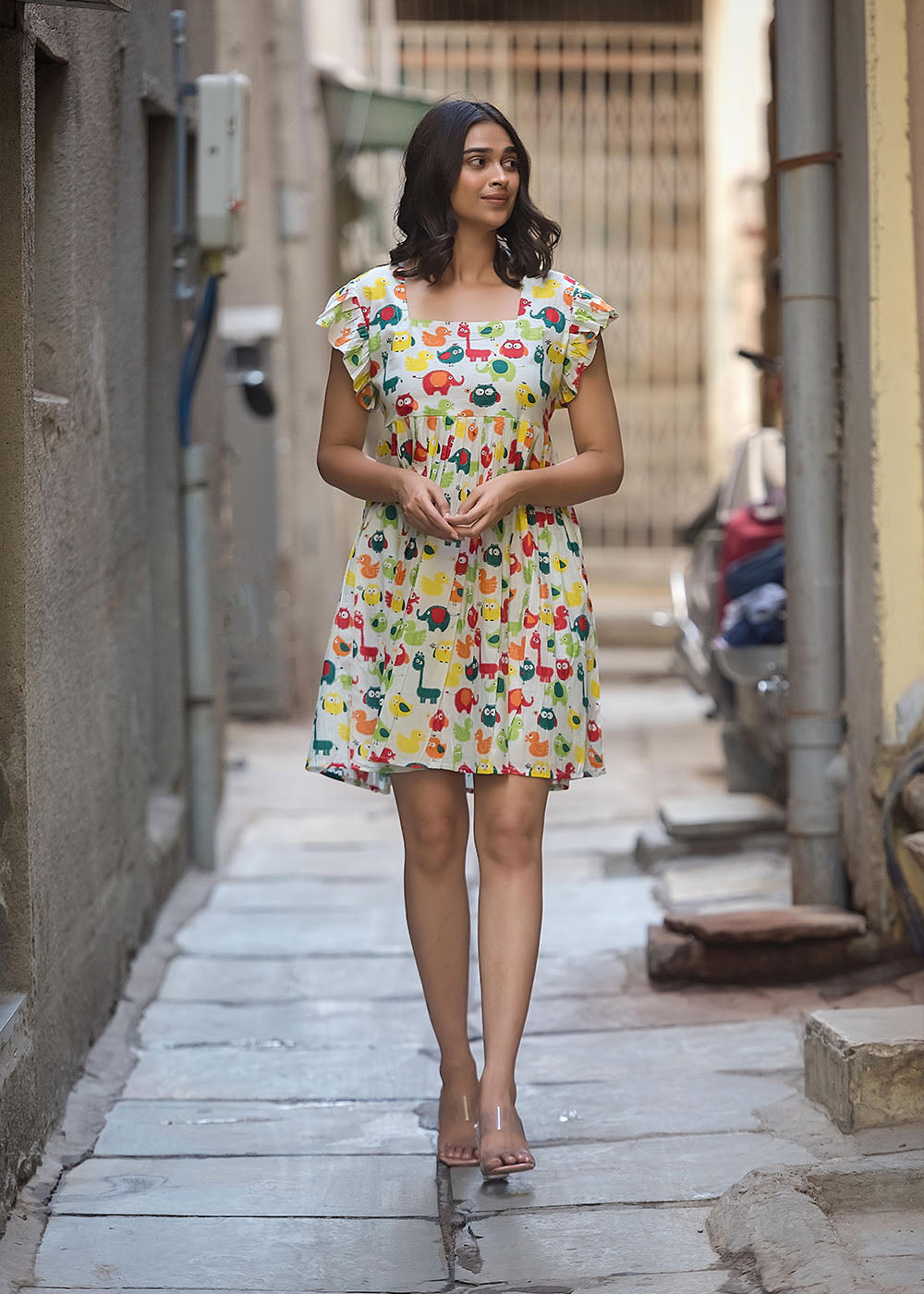 Nursery Print Mini Ruffle Dress