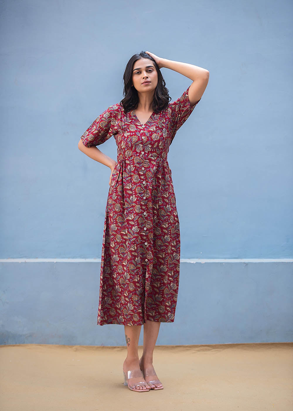 A-Line Maroon Printed Dress