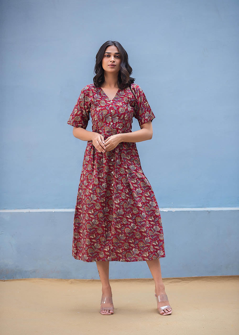 A-Line Maroon Printed Dress