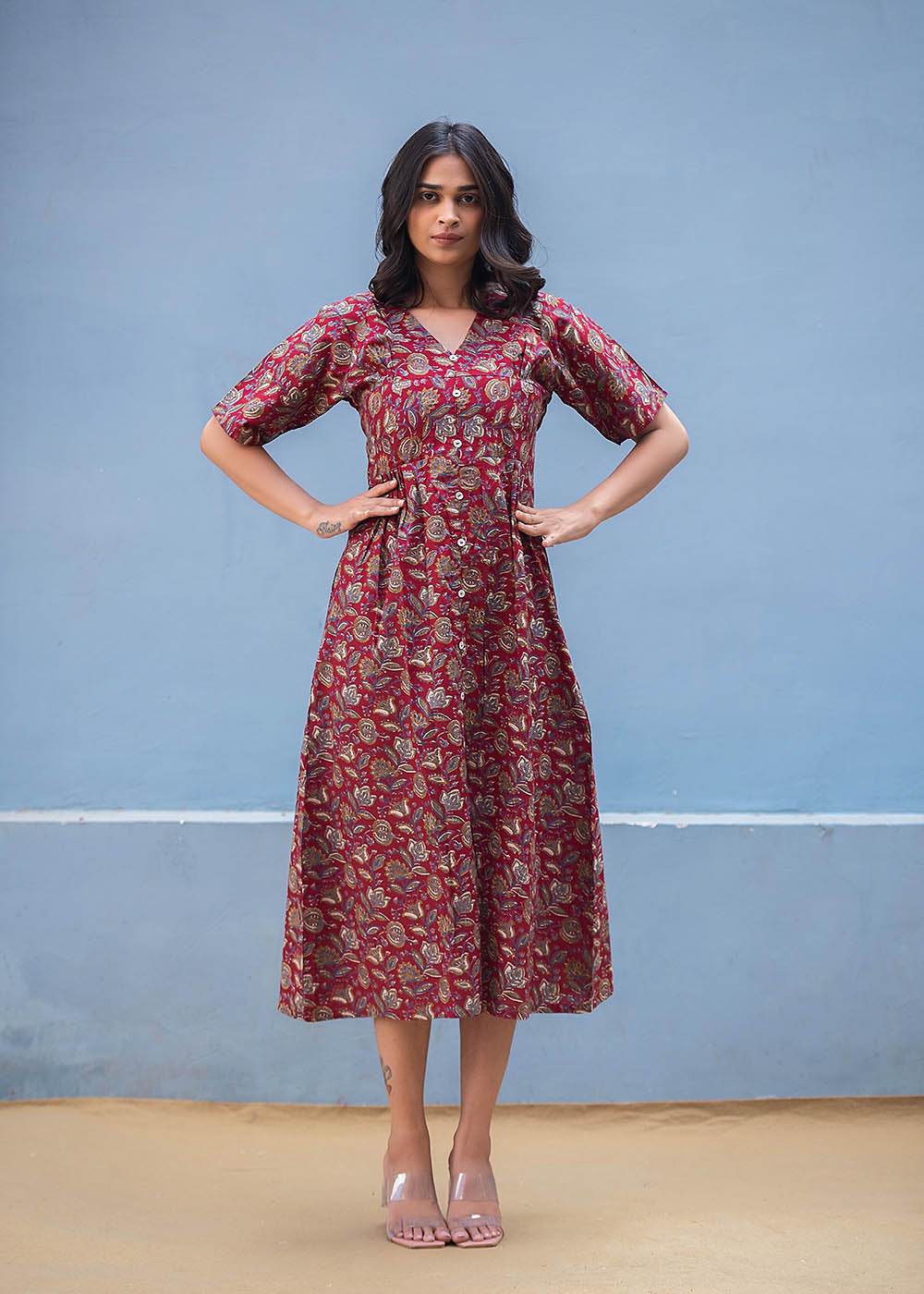 A-Line Maroon Printed Dress