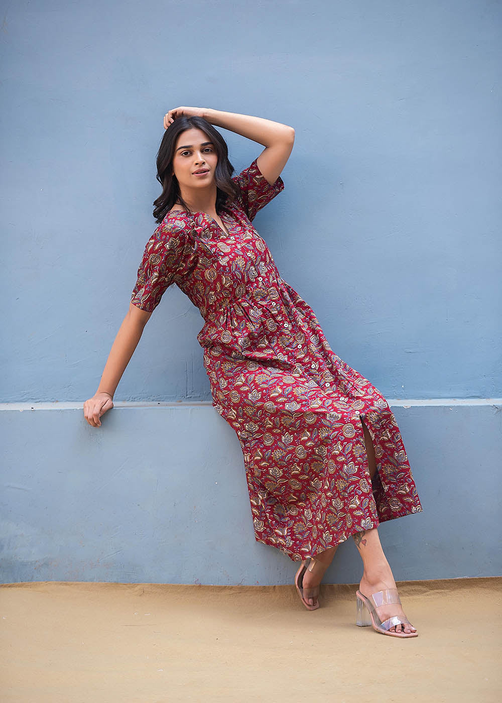A-Line Maroon Printed Dress