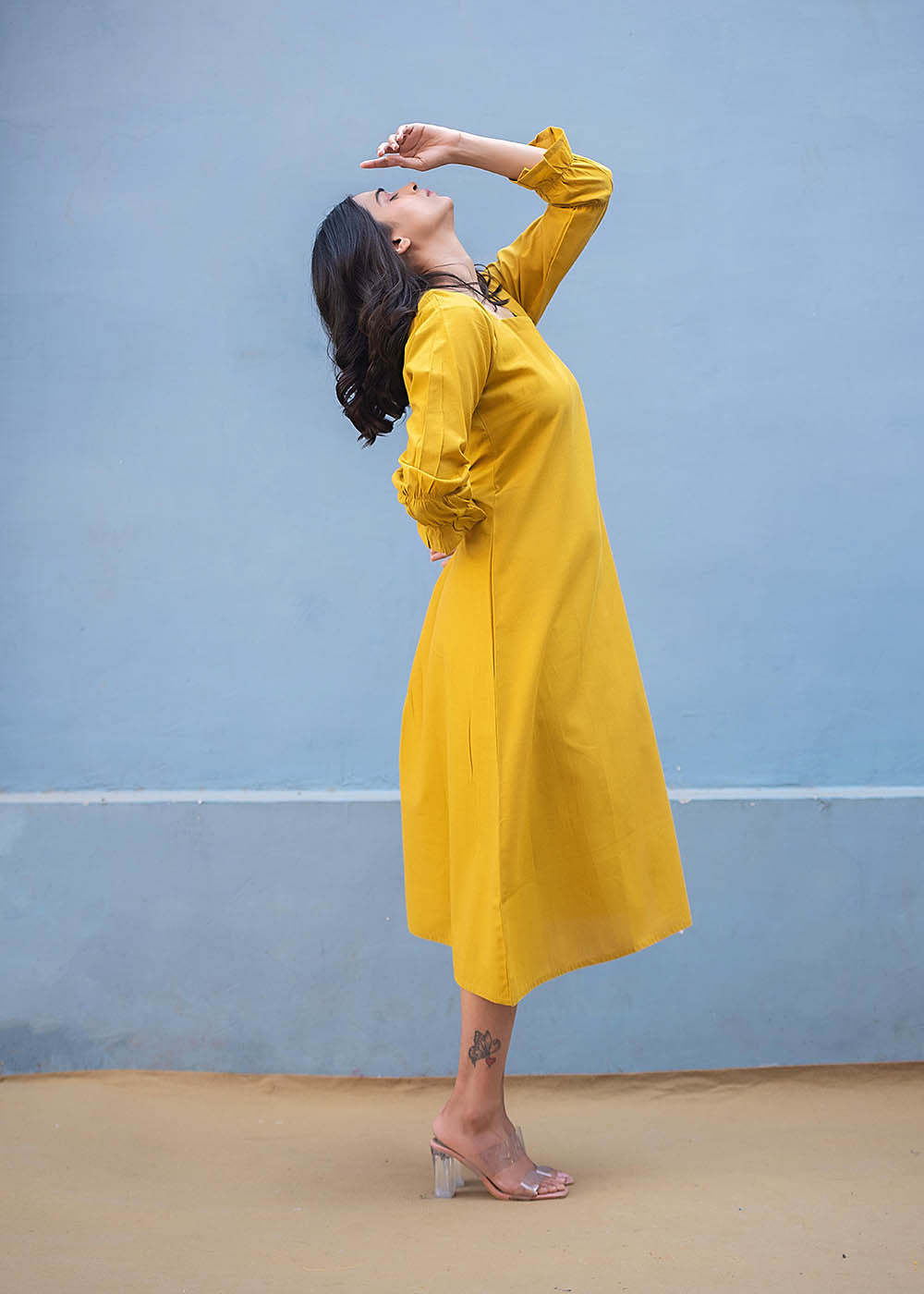 Solid Yellow Front Slit Dress