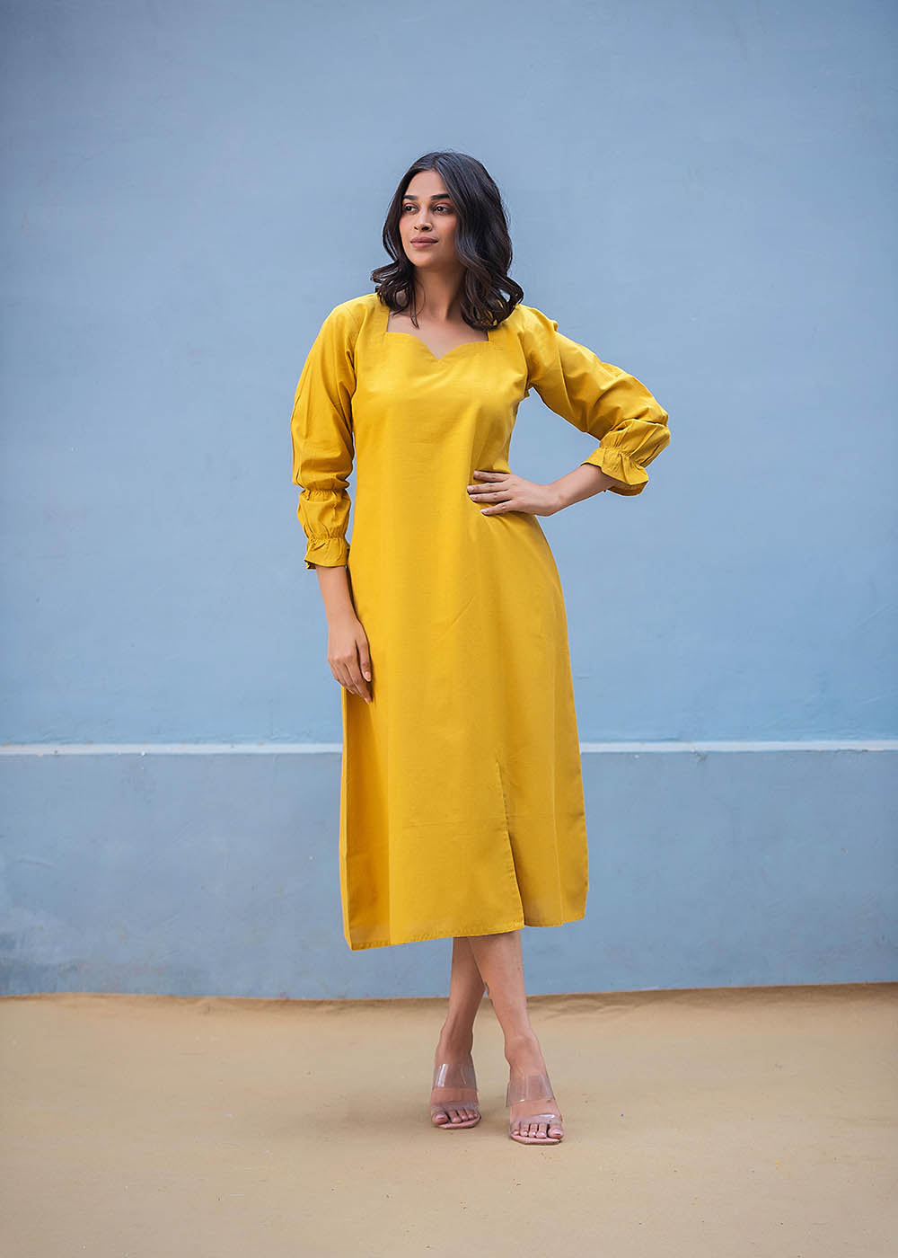 Solid Yellow Front Slit Dress