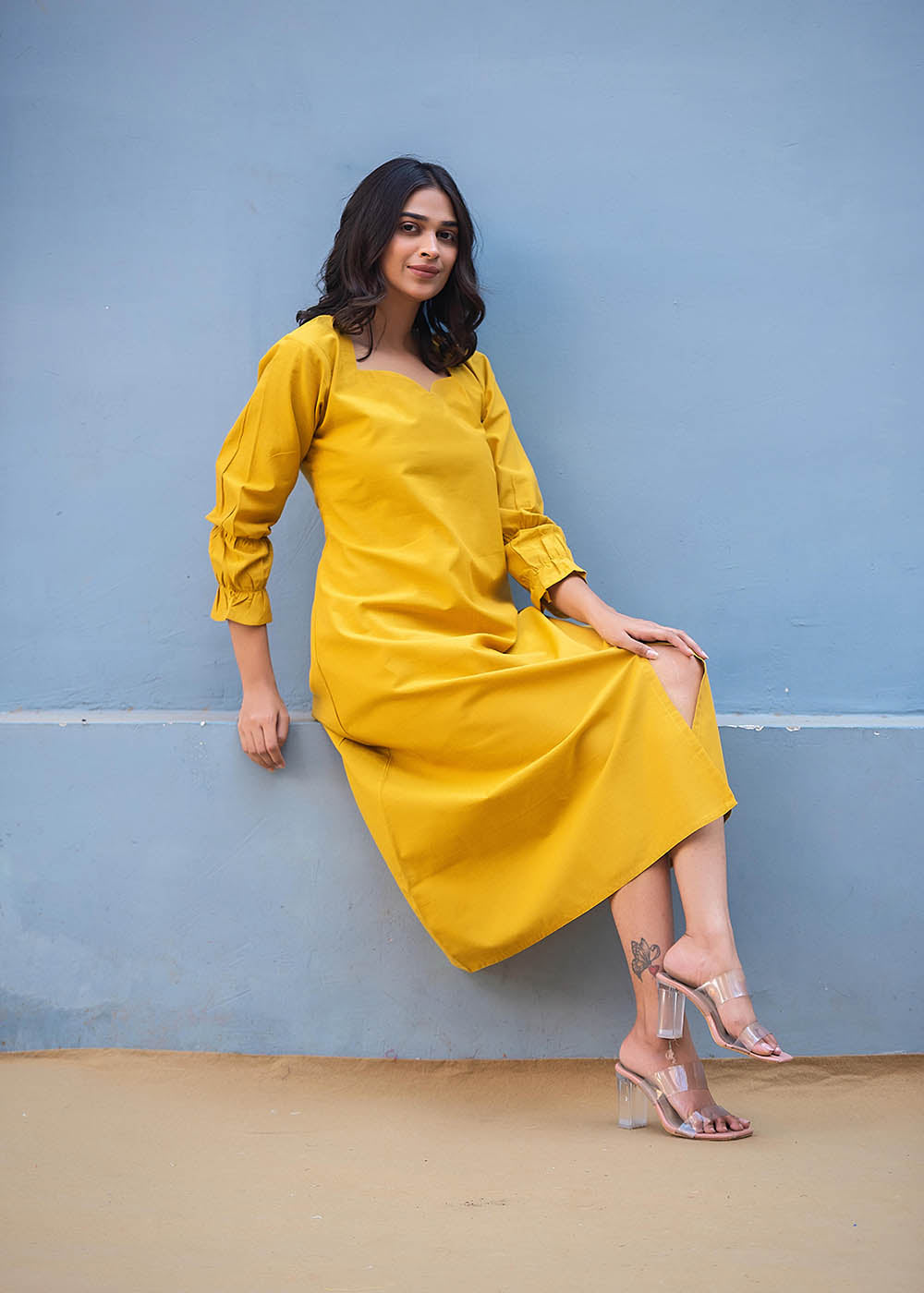 Solid Yellow Front Slit Dress