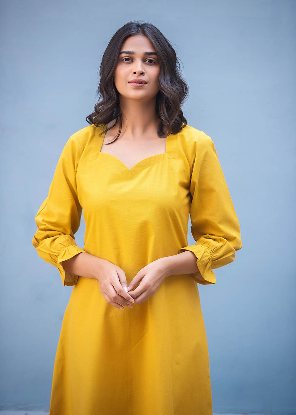 Solid Yellow Front Slit Dress