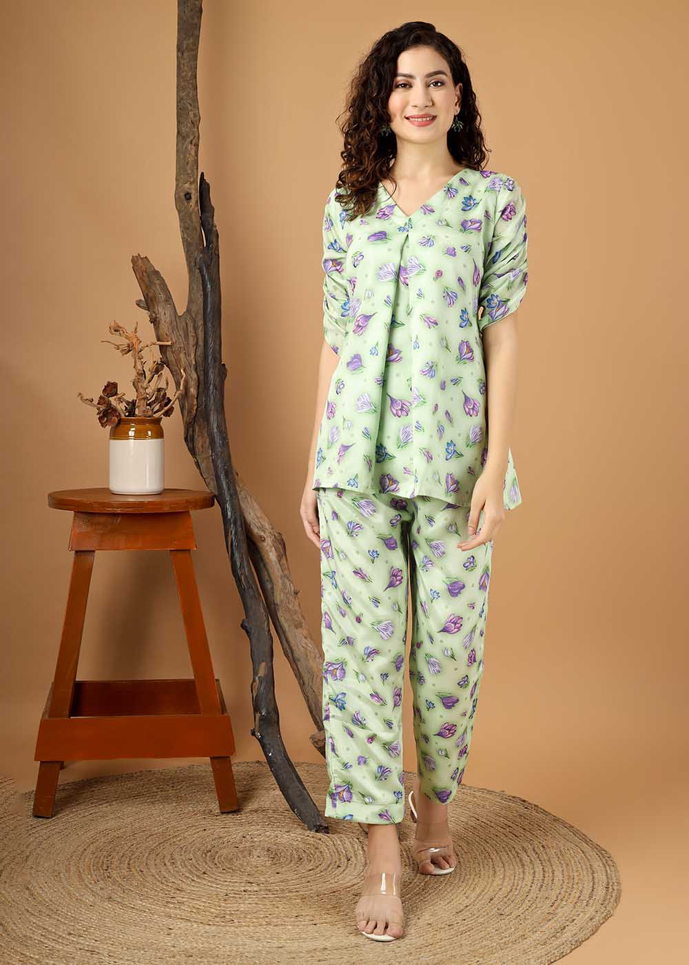 Green Digital Printed Co-Ords Set With Stylish Sleeve