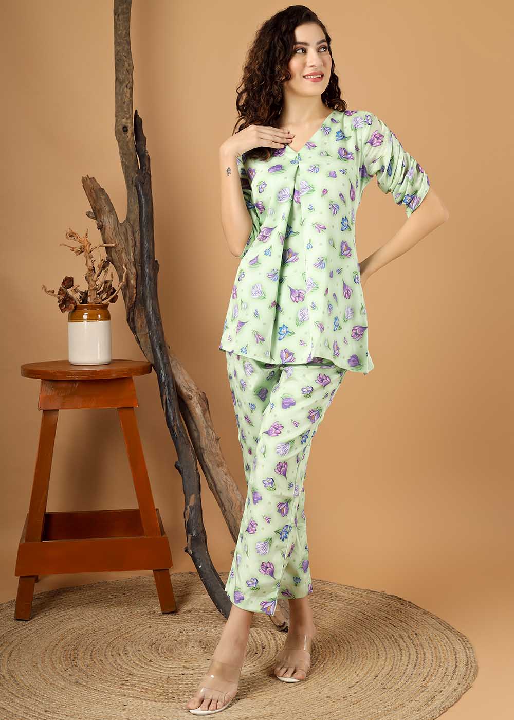 Green Digital Printed Co-Ords Set With Stylish Sleeve