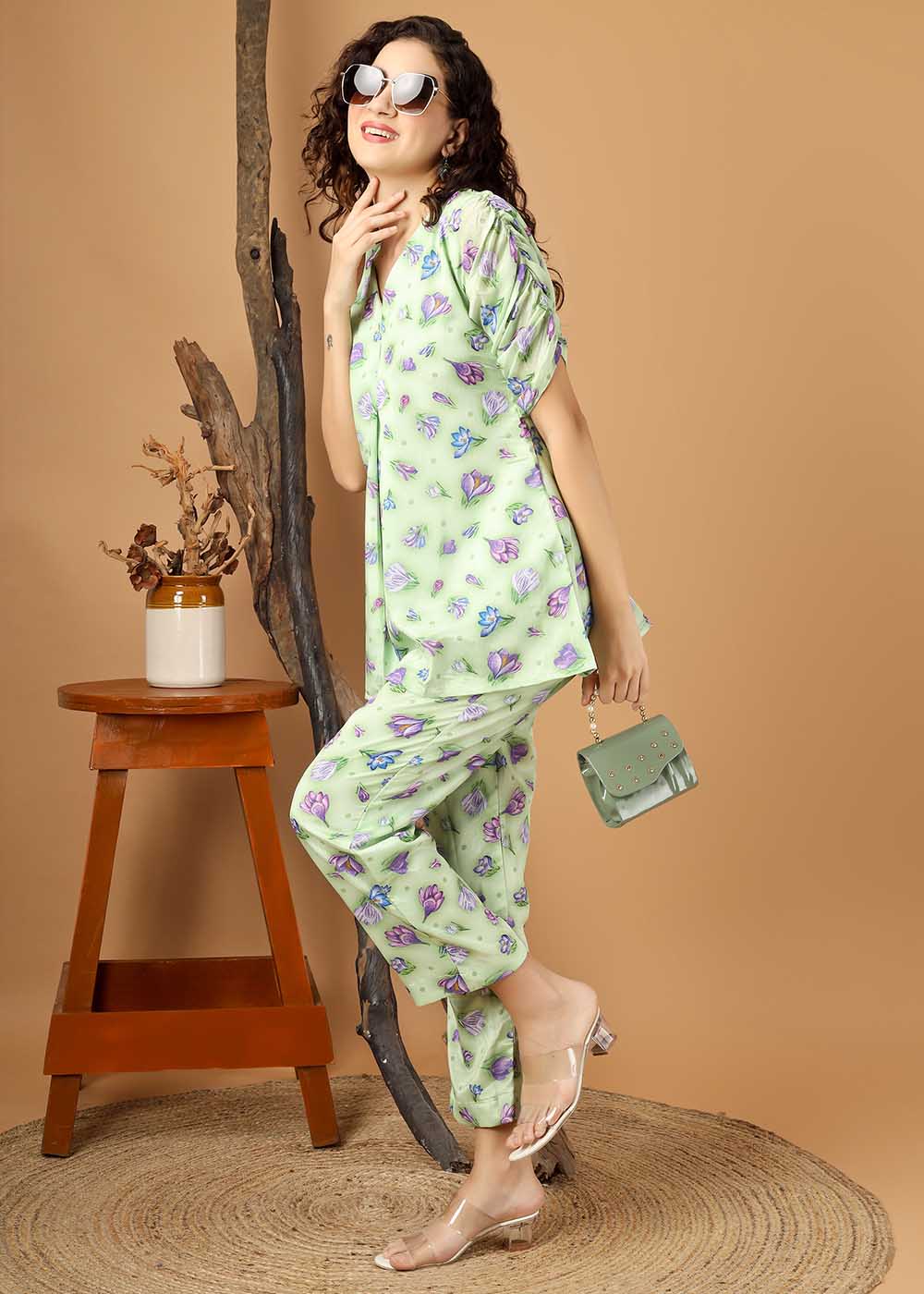 Green Digital Printed Co-Ords Set With Stylish Sleeve