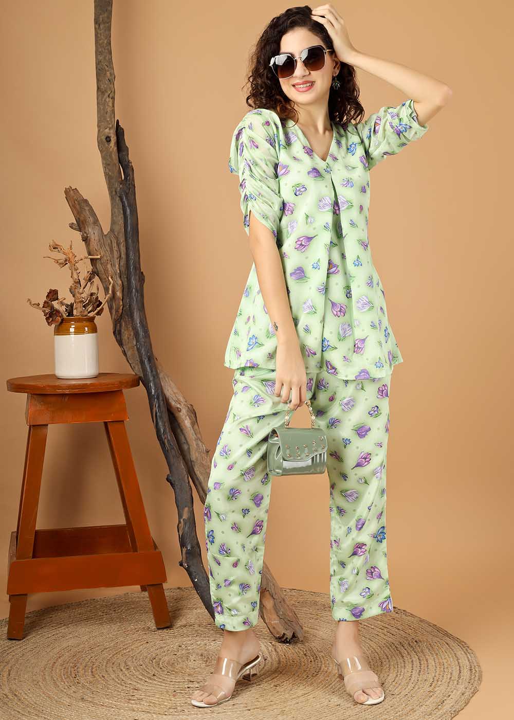 Green Digital Printed Co-Ords Set With Stylish Sleeve