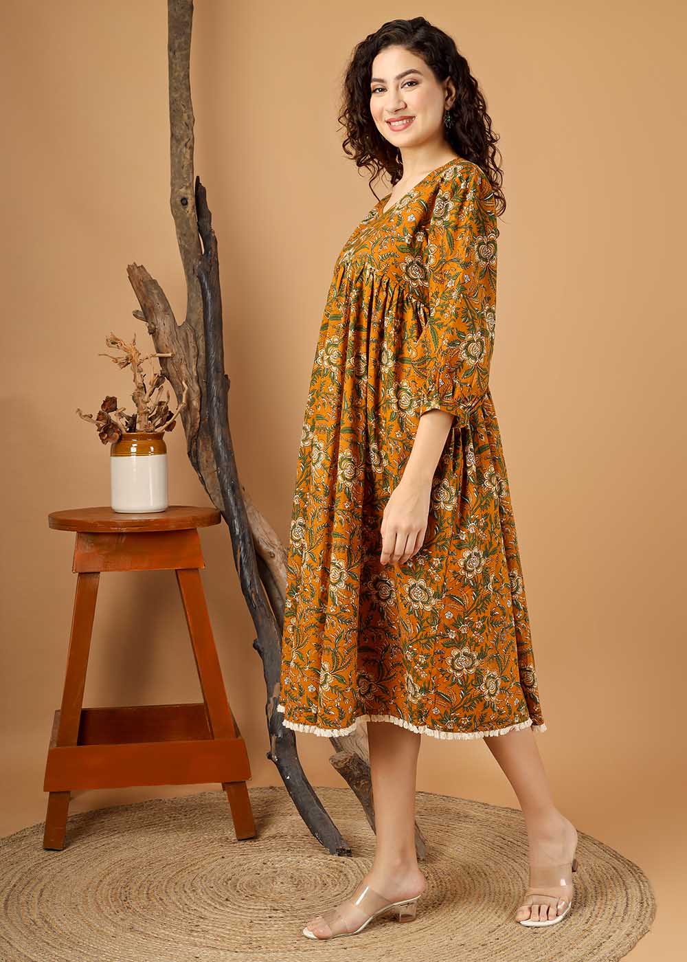 V Neckline Gathered Dress