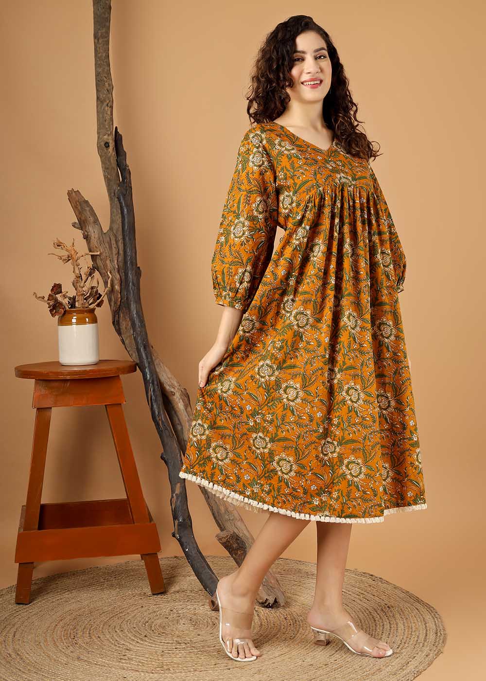 V Neckline Gathered Dress