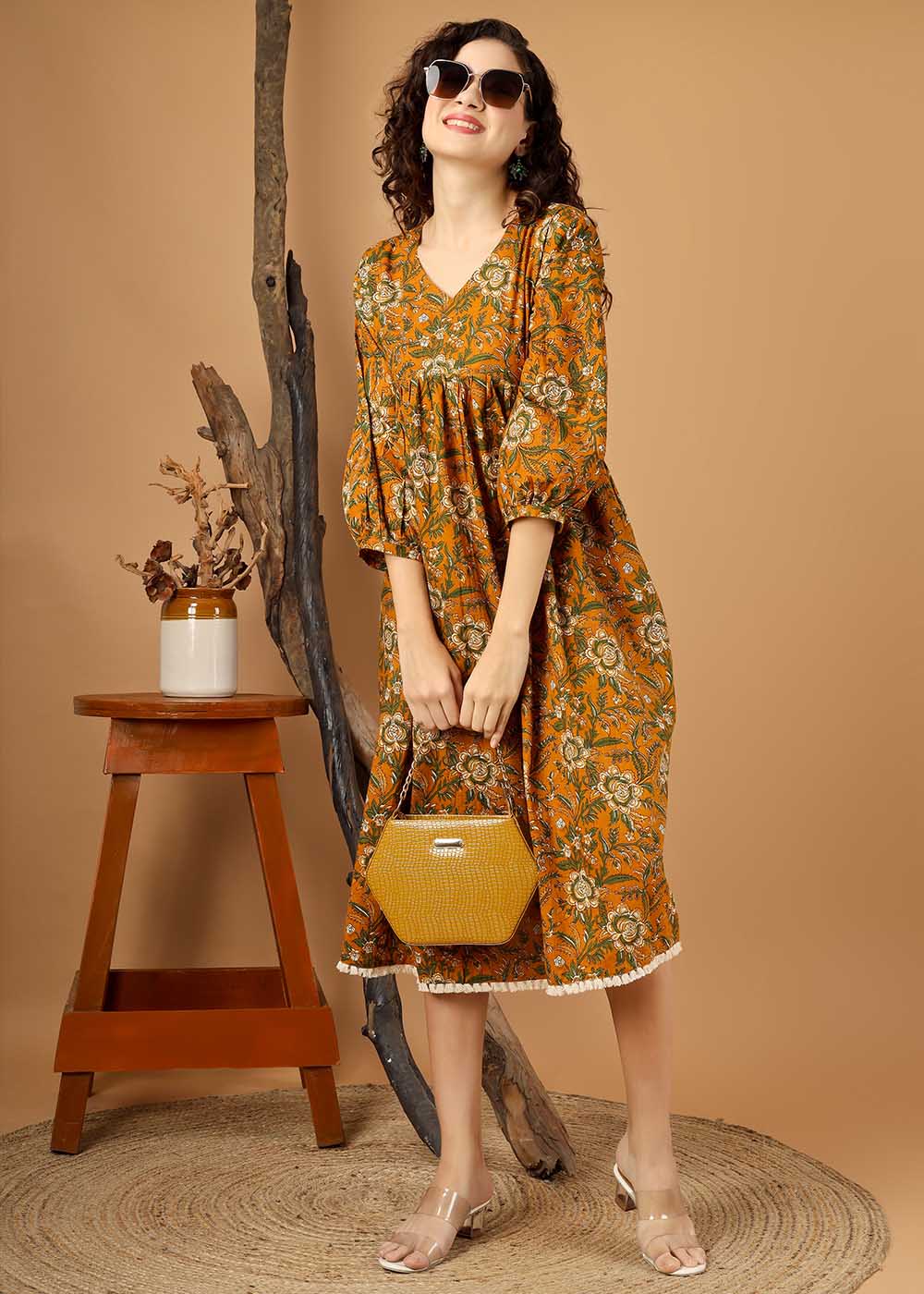 V Neckline Gathered Dress