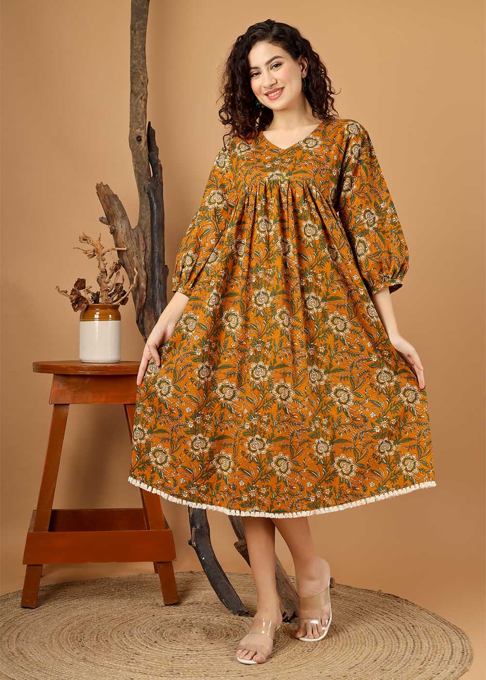 V Neckline Gathered Dress
