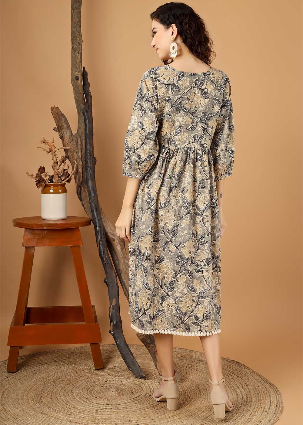 Grey Flower Printed Midi Dress