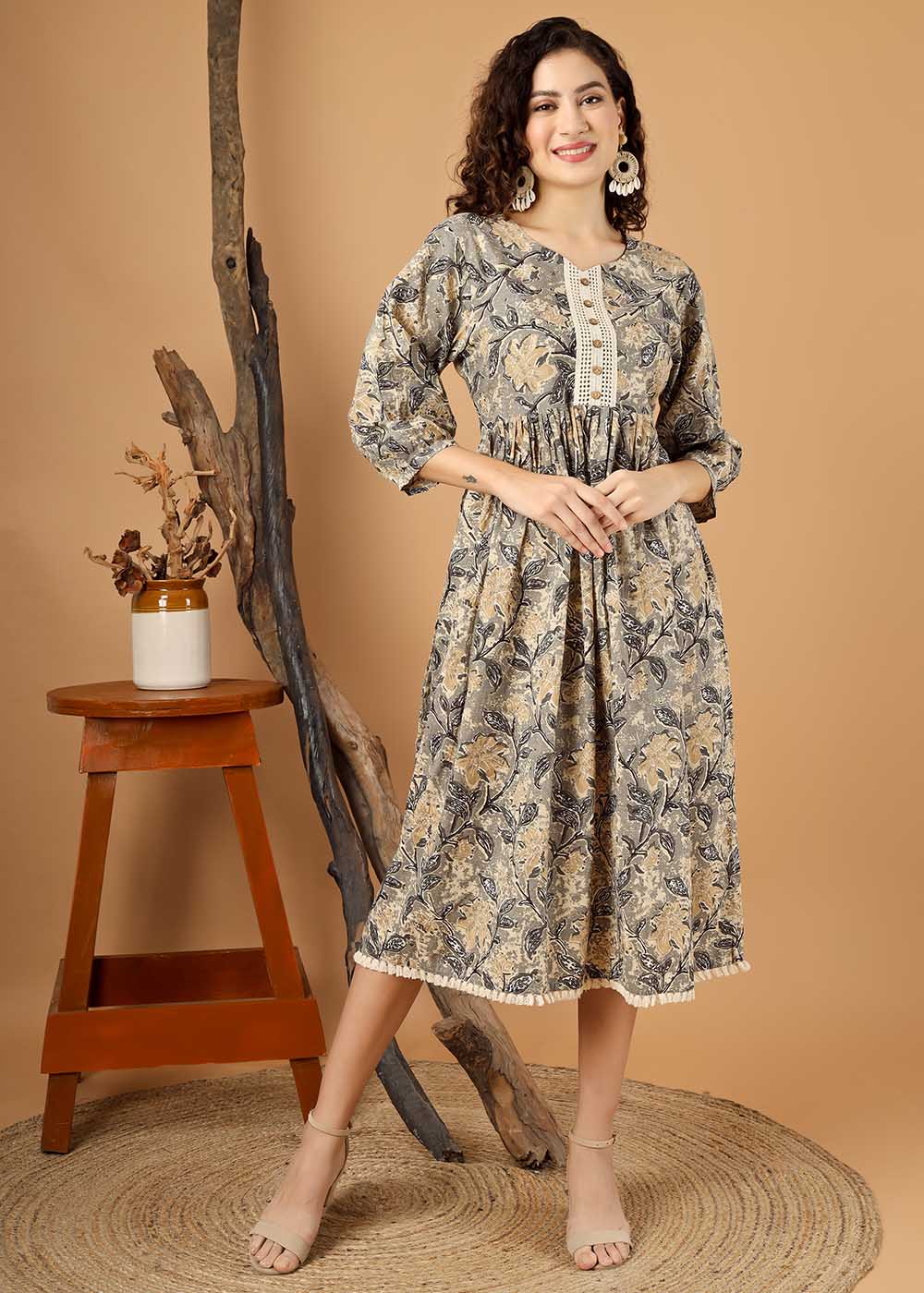 Grey Flower Printed Midi Dress