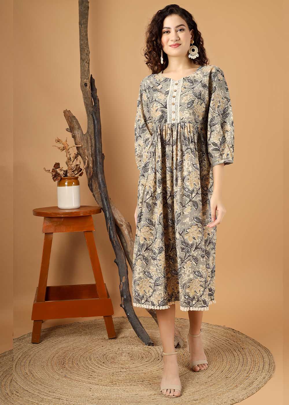 Grey Flower Printed Midi Dress