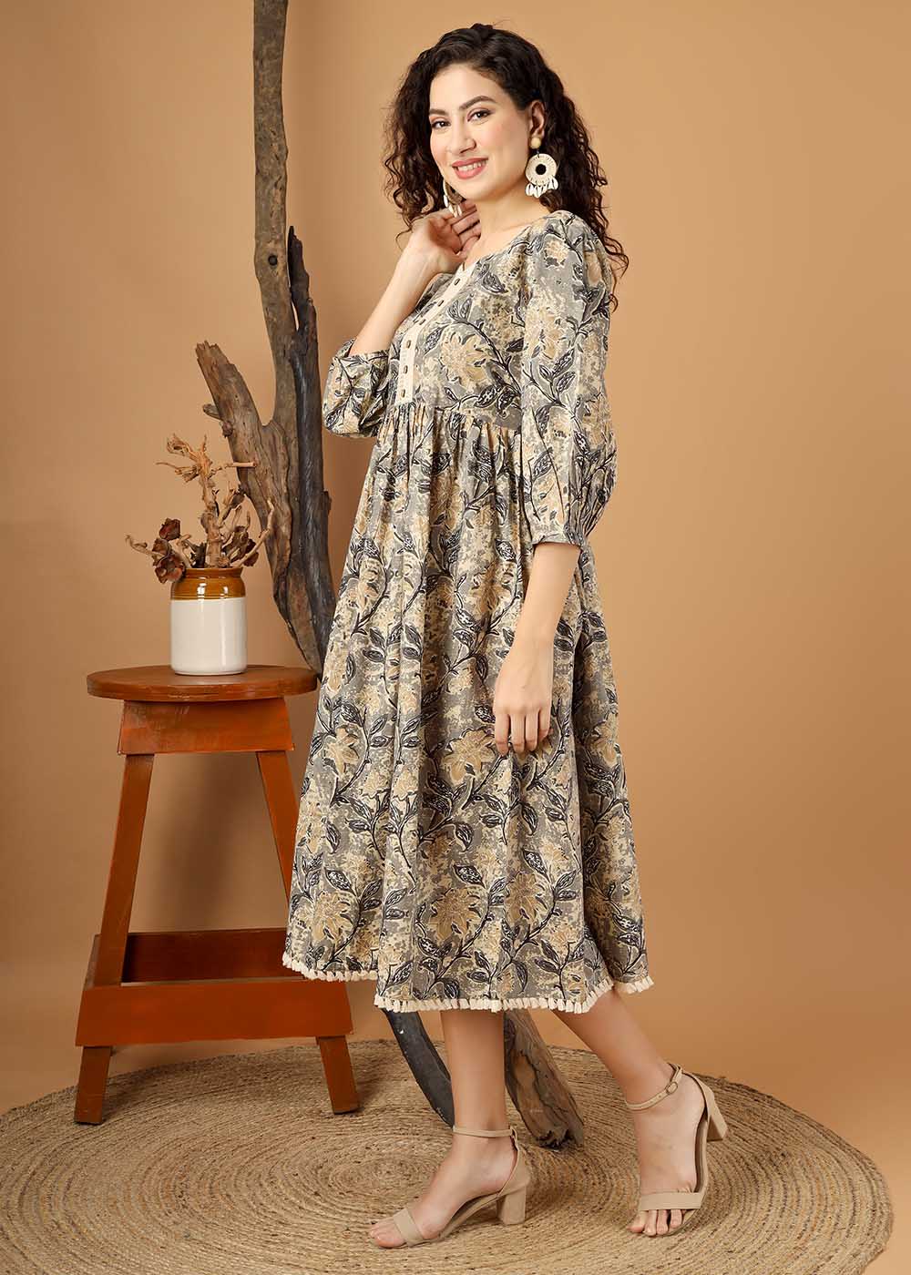 Grey Flower Printed Midi Dress