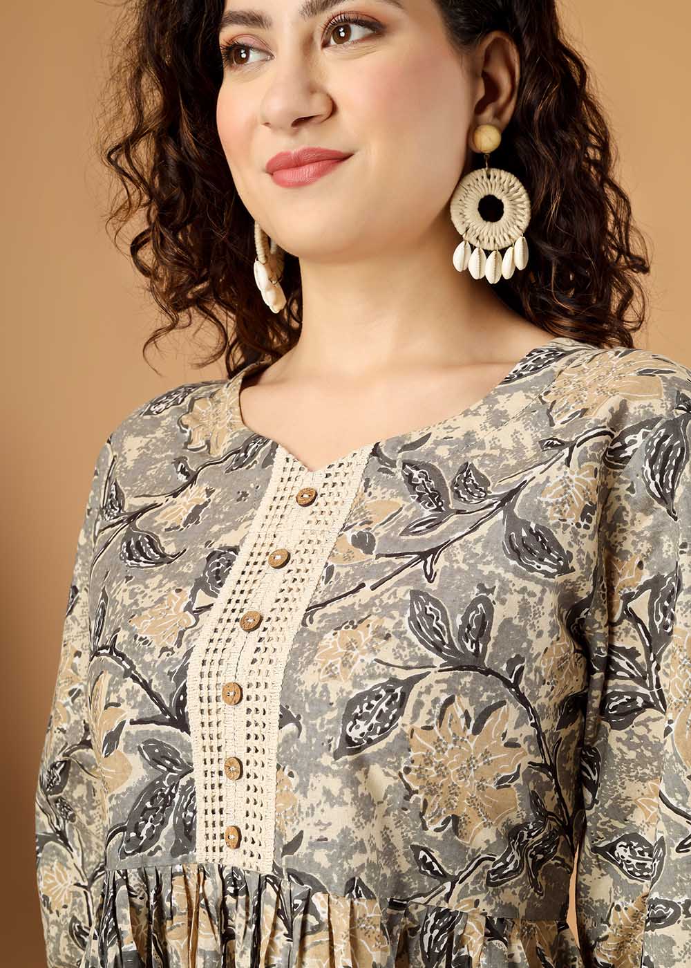 Grey Flower Printed Midi Dress